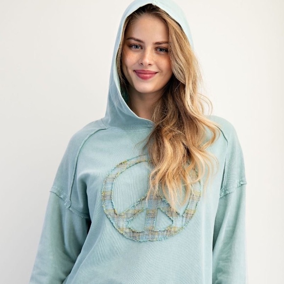 NEW EASEL CLOTHING WASHED TERRY KNIT PULLOVER PEACE HOODIE SEAFOAM SWEATSHIRT - Picture 4 of 10